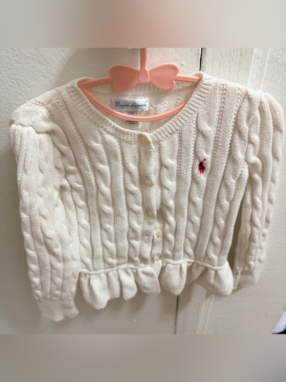 Ralph Lauren Cream Cable-Knit Cardigan with Pink Pony